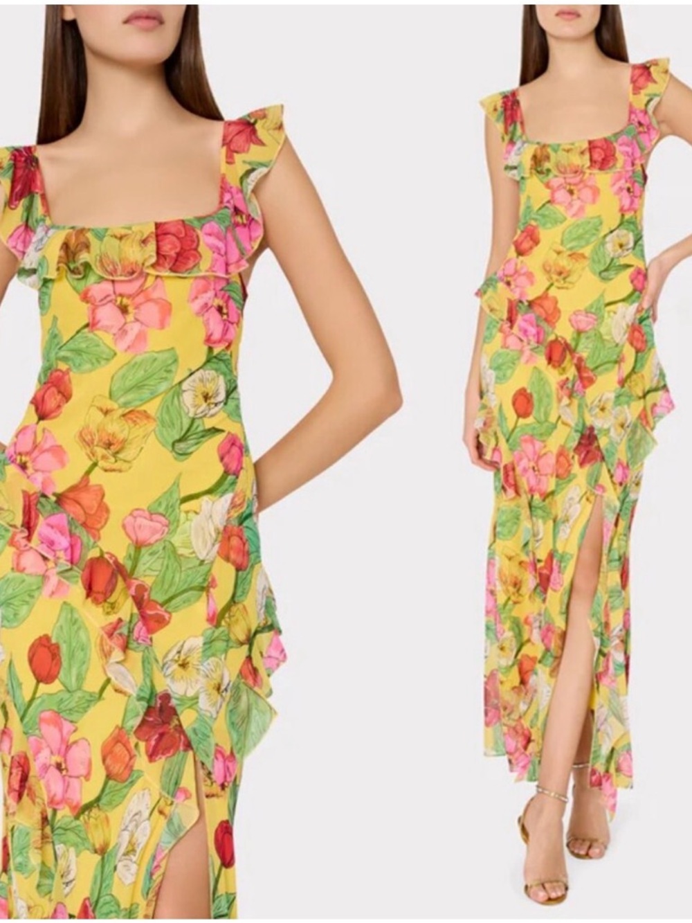 Milly Tulip Rosette Maxi Dress with Pink & Green Blooms